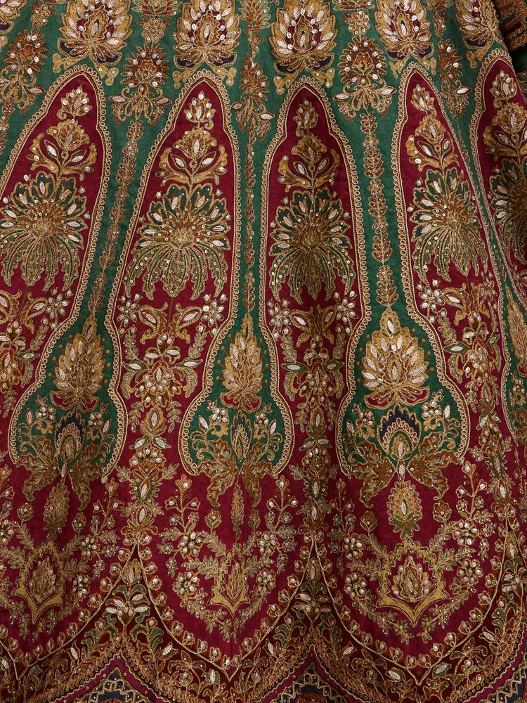 Twamev Women Rama Green And Maroon Jhallar Patterned Lehenga with Buta Motifs, Zari And Gota Patti Work
