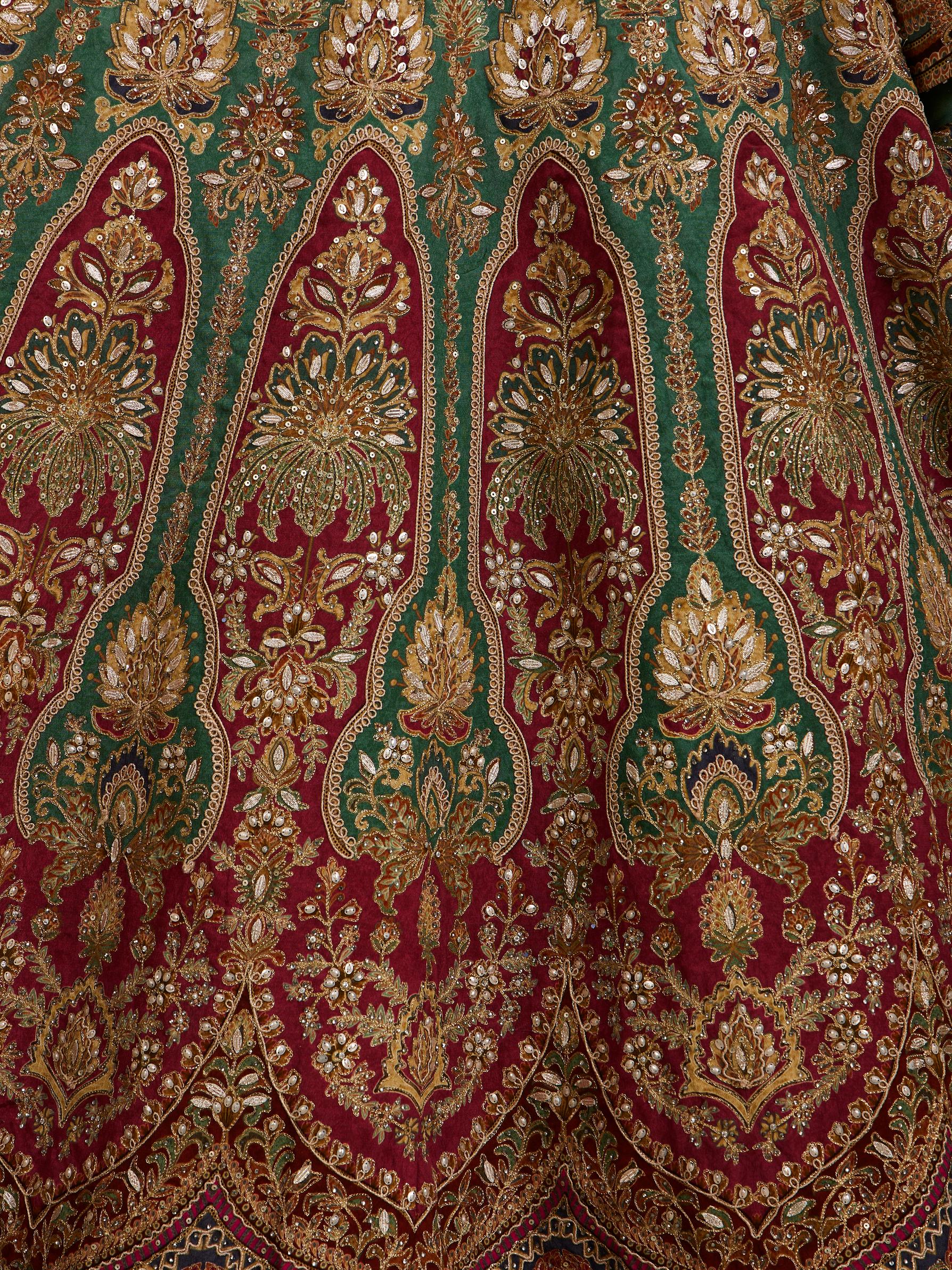 Twamev Women Rama Green And Maroon Jhallar Patterned Lehenga with Buta Motifs, Zari And Gota Patti Work