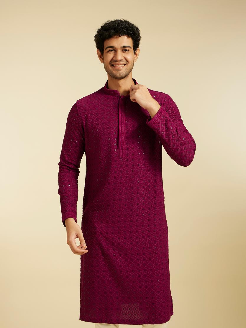 Diwas Men Wine Red Chikankari Kurta with Sequin