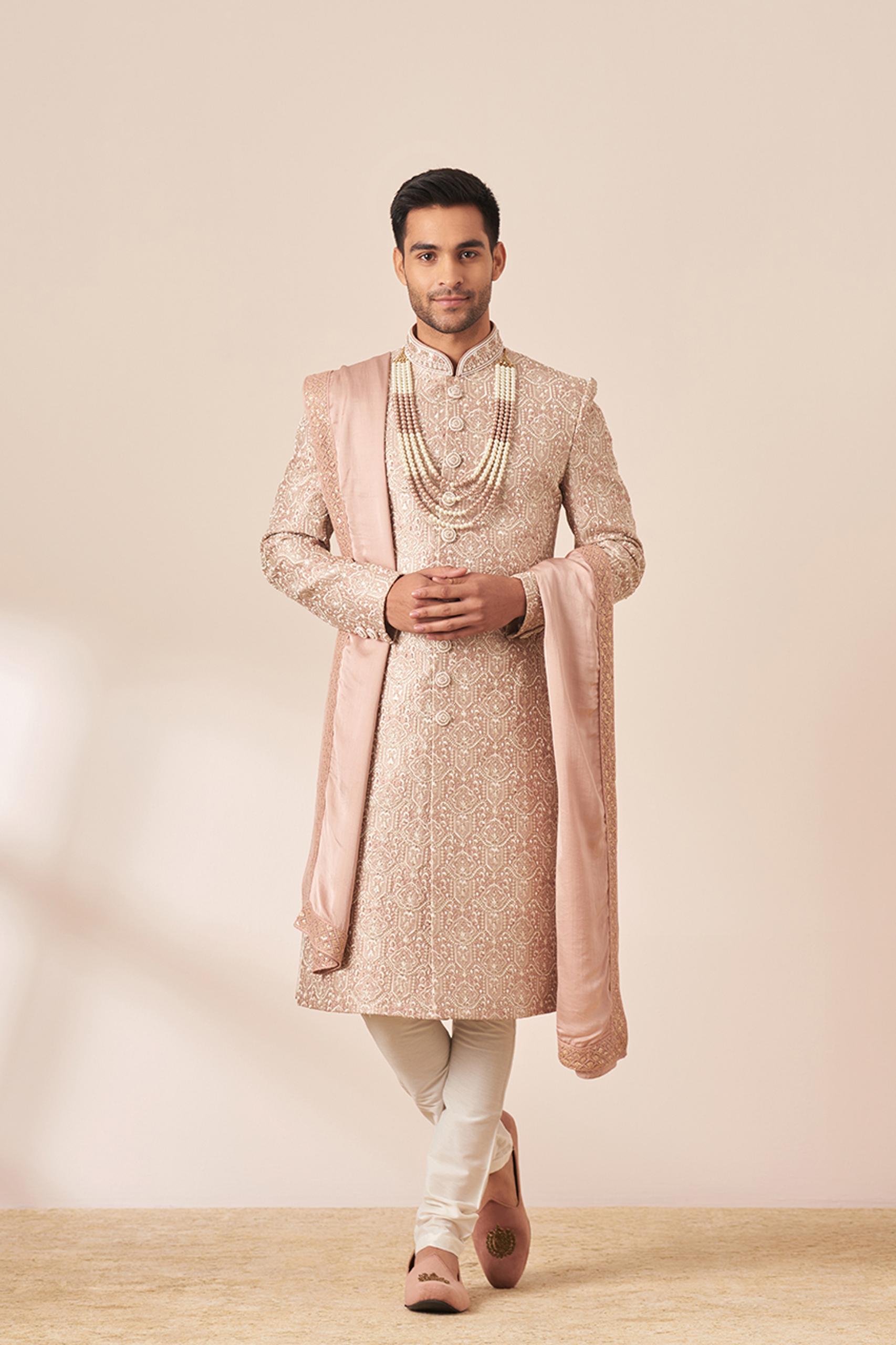Twamev Men Faded Pink Embroidered Sherwani with Dupatta