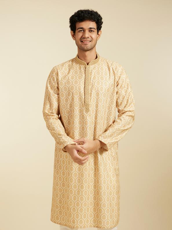 Diwas Men Sand Beige Medallion Printed Kurta with Embroidered Neckline
