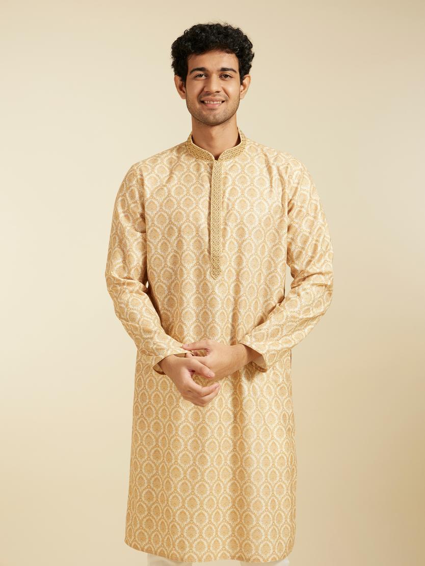 Diwas Men Sand Beige Medallion Printed Kurta with Embroidered Neckline
