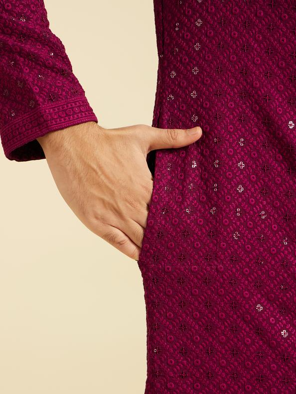 Diwas Men Wine Red Chikankari Kurta with Sequin