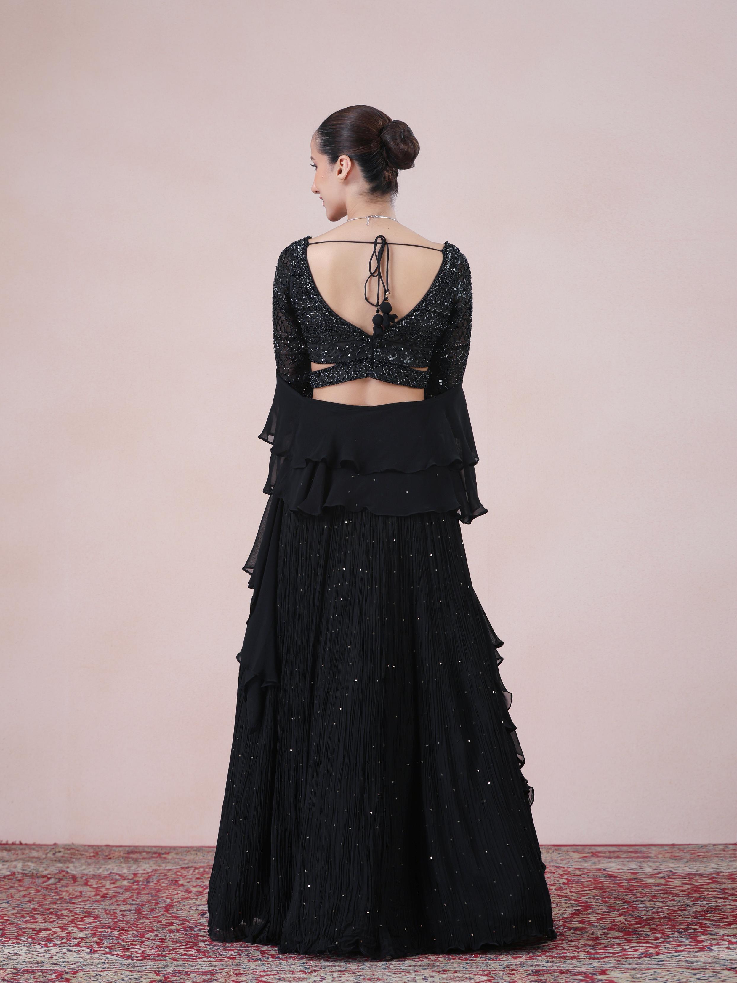 Twamev Women Glamourous Black Georgette Skirt Top Set