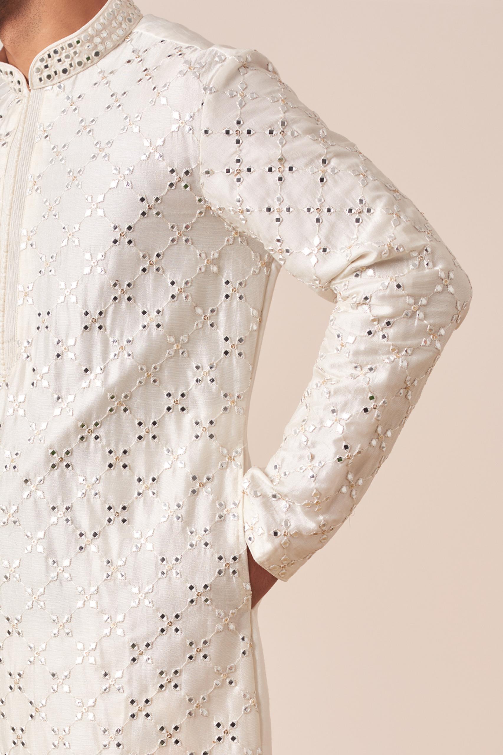 Twamev Men White Mirror Work Kurta Pajama