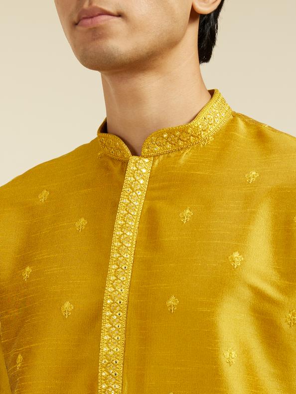 Diwas Men Mustard Yellow Buta Embroidered Kurta with Mirror Work