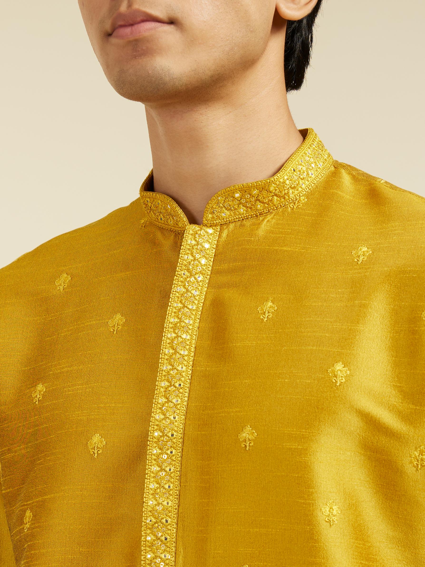 Diwas Men Mustard Yellow Buta Embroidered Kurta with Mirror Work