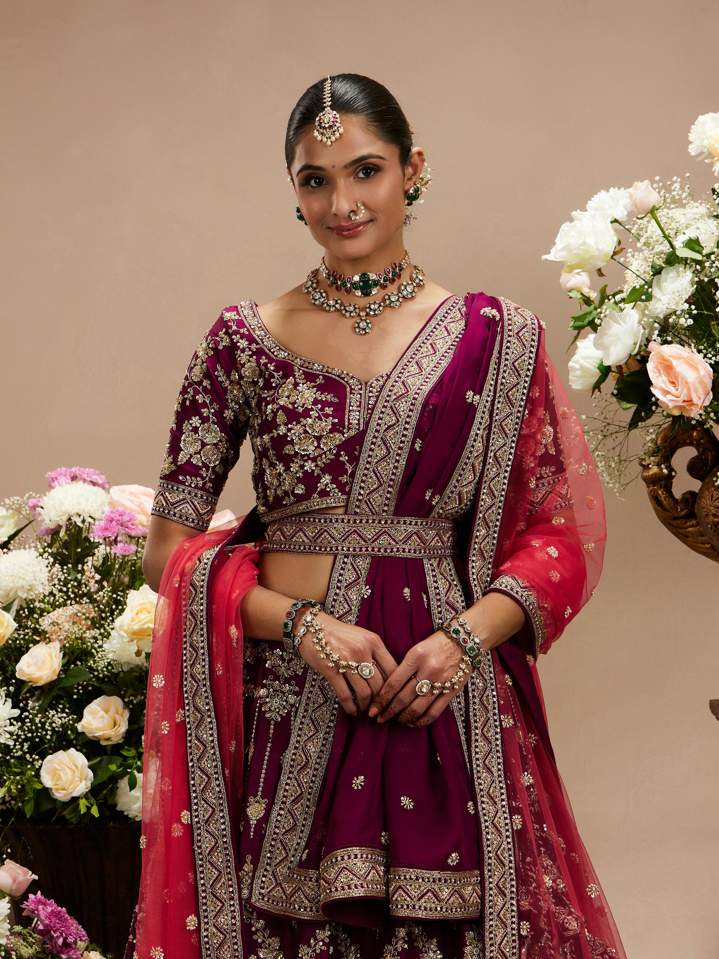Twamev Women Wine Purple Zari Embroidered Lehenga with Medallion And Buta Motifs
