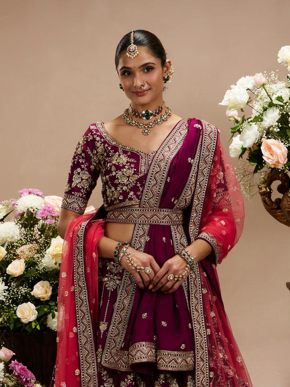 Twamev Women Wine Purple Zari Embroidered Lehenga with Medallion And Buta Motifs