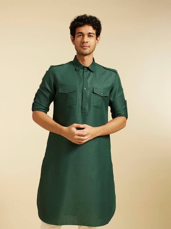 Diwas Men Bottle Green Paithani Style Kurta with Cuffed Sleeves