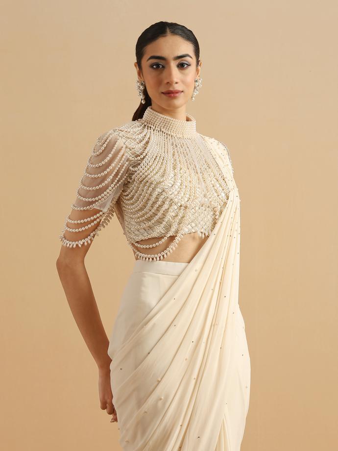 Twamev Women Cream Pearl Dream Party Saree