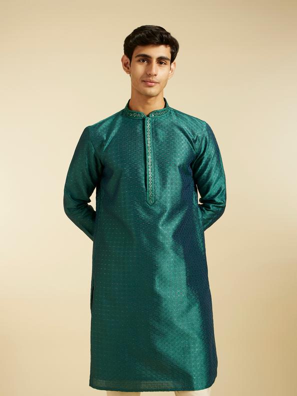 Diwas Men Teal Green Jaal Patterned Kurta with Embroidered Placket