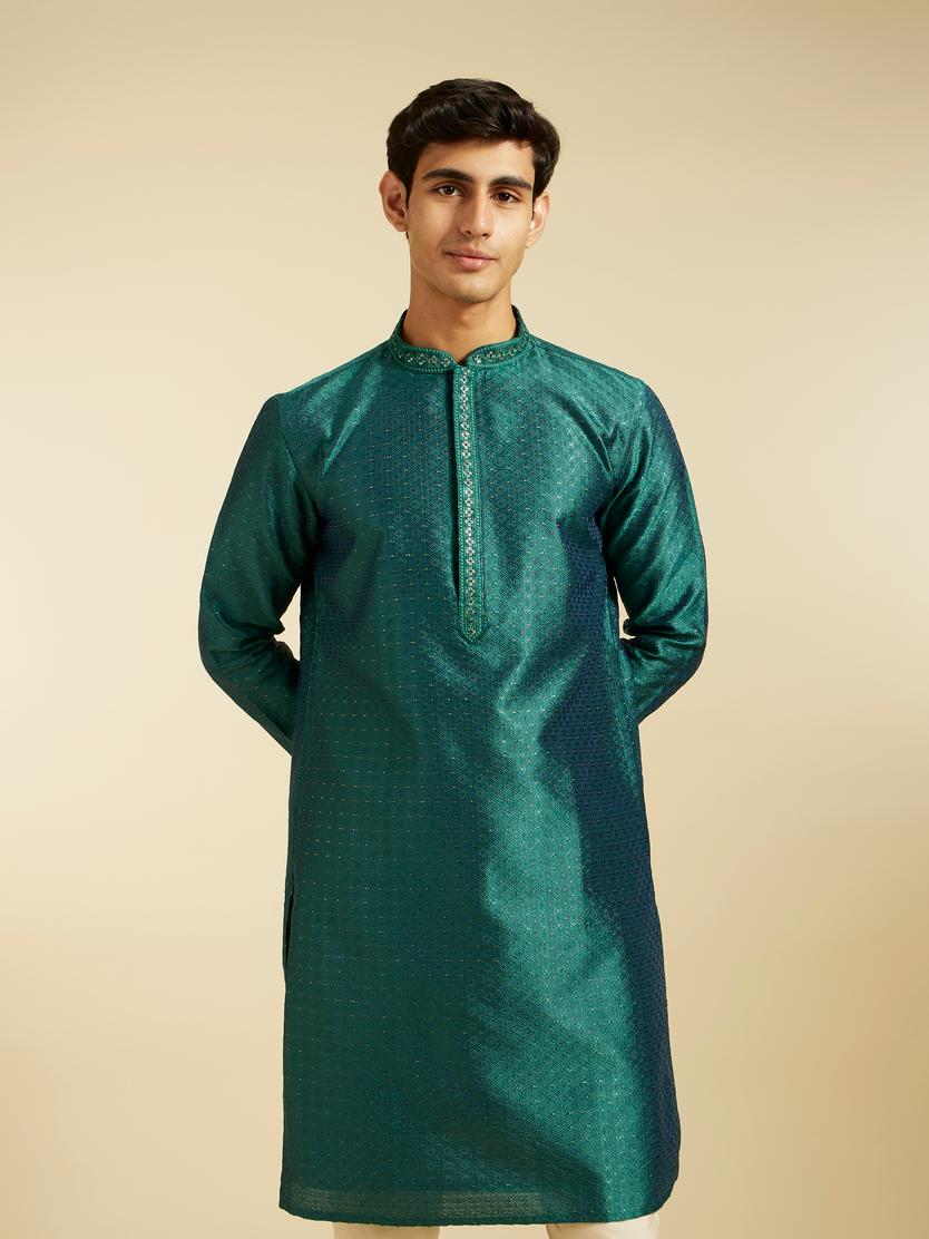 Diwas Men Teal Green Jaal Patterned Kurta with Embroidered Placket