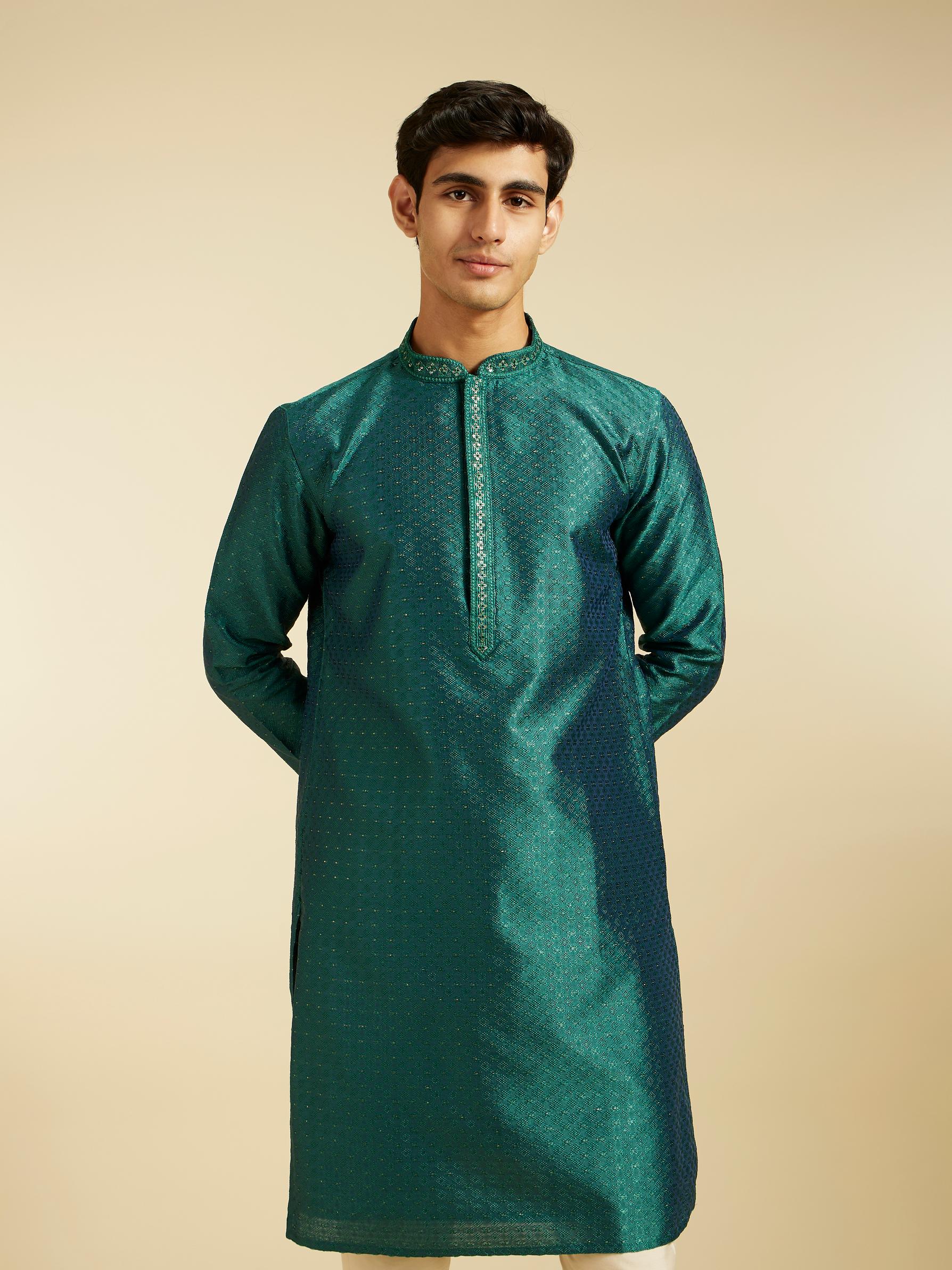 Diwas Men Teal Green Jaal Patterned Kurta with Embroidered Placket