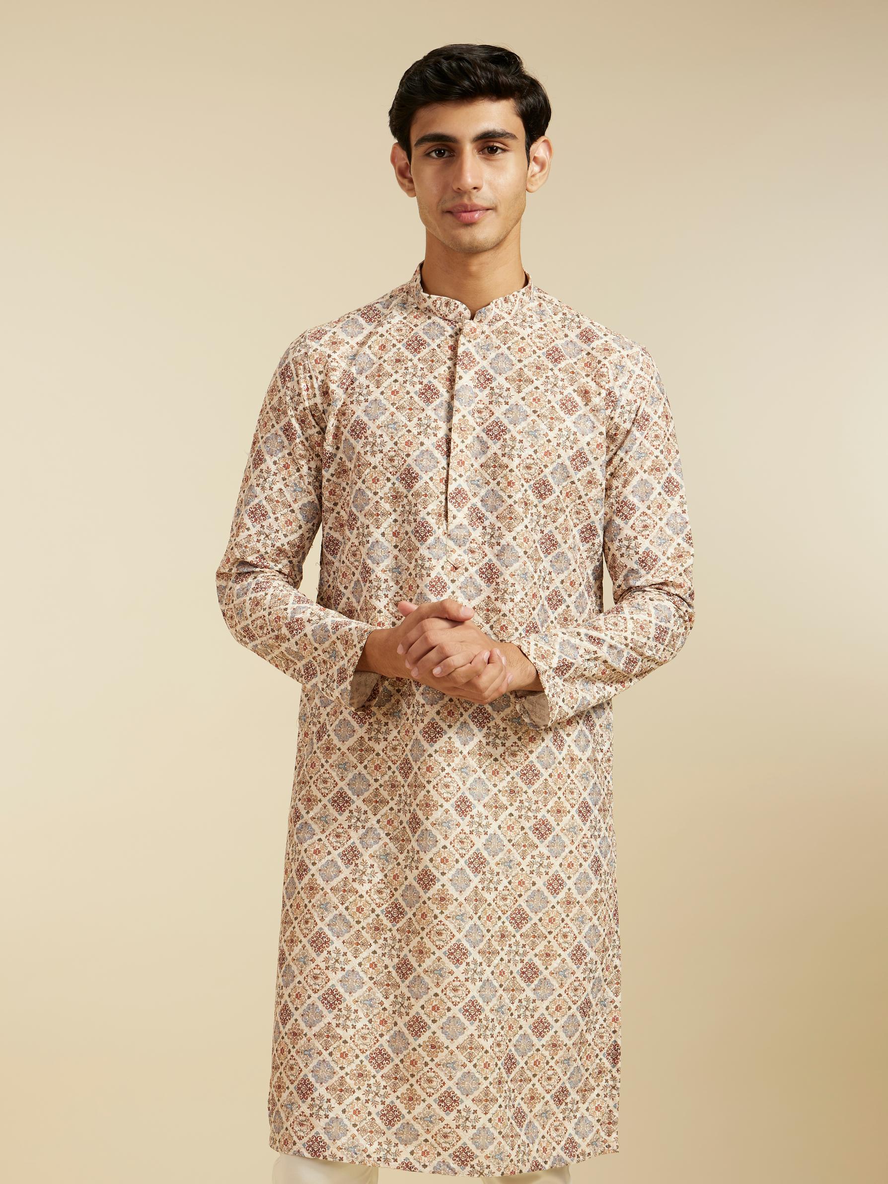 Diwas Men Soft Beige Chikankari Inspired Printed Kurta