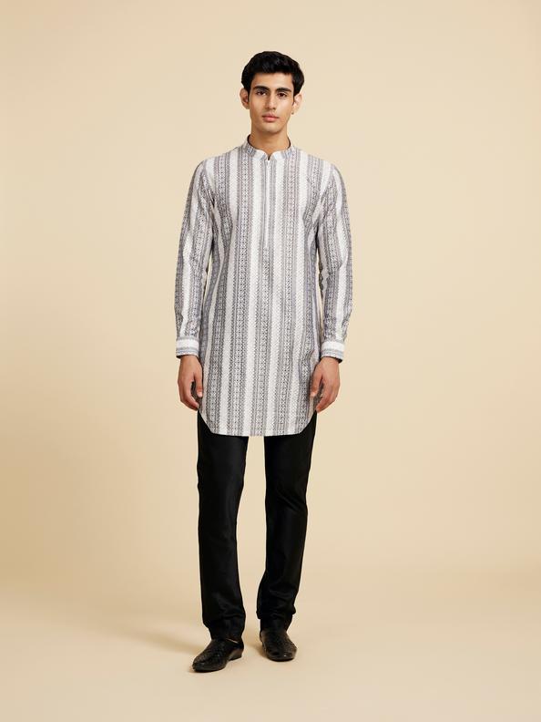 Diwas Men Cloud White And Slate Grey Linear Printed Kurta