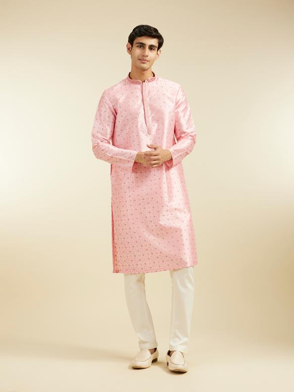 Diwas Men Bubblegum Pink Kurta with Shankh Motifs and Rhinestones