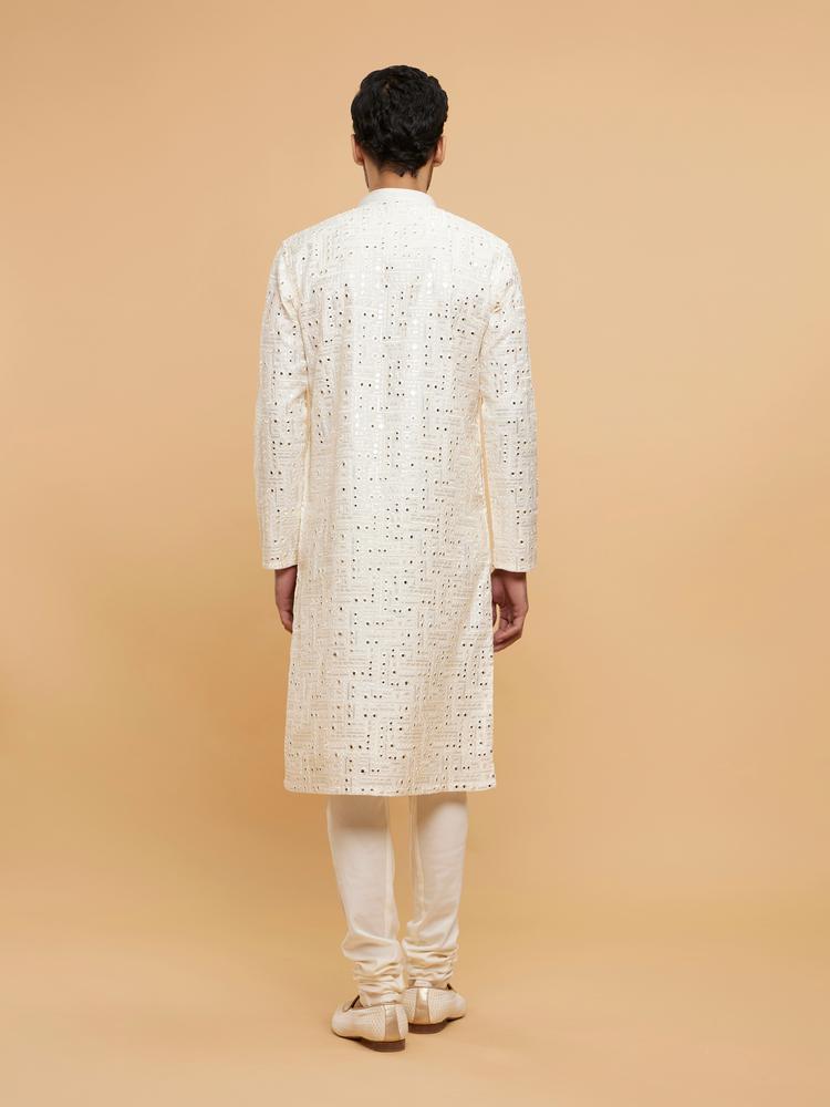 Twamev Men Warm White Mirror Embellished Kurta Set