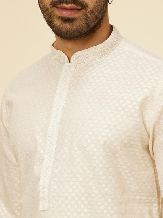 Twamev Men Beige Self Dotted Patterned Kurta Set
