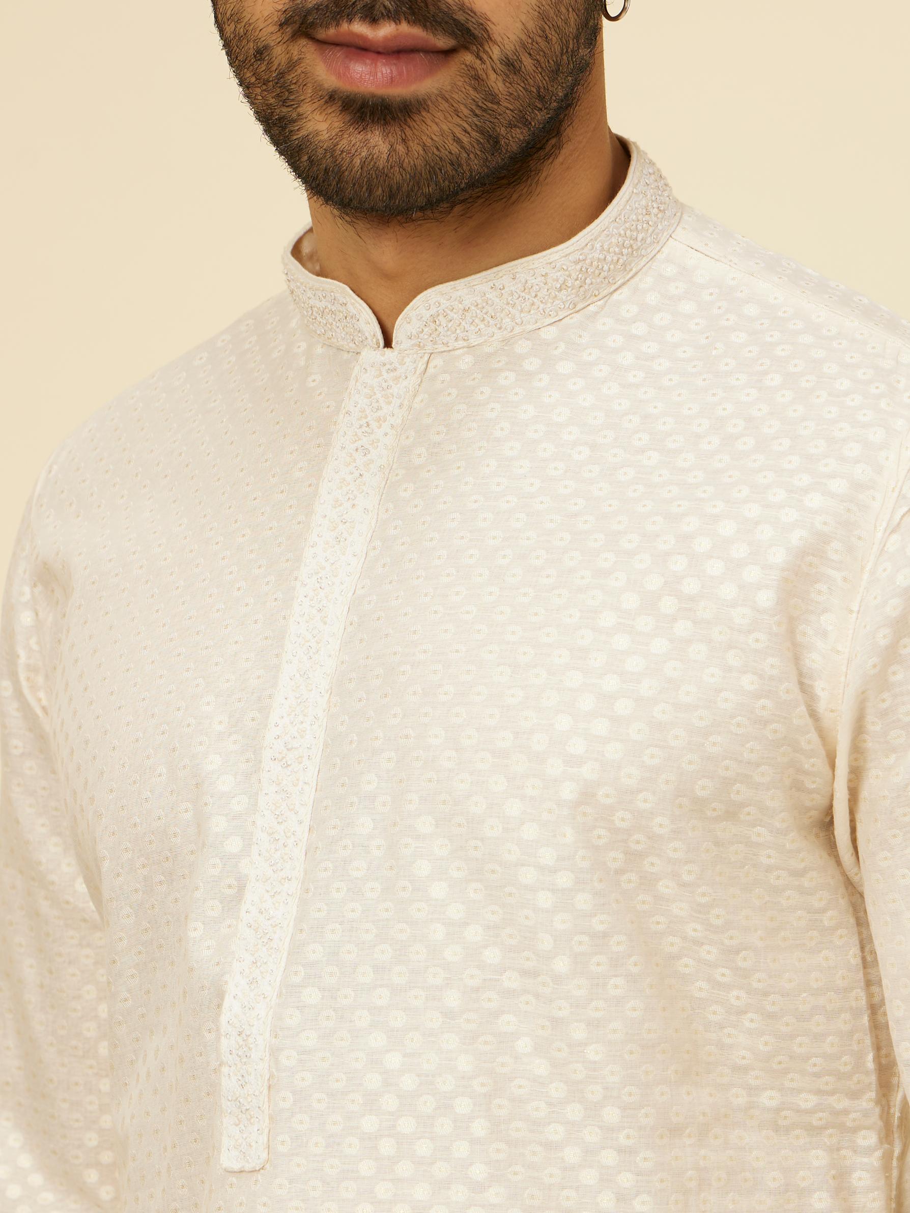 Twamev Men Beige Self Dotted Patterned Kurta Set