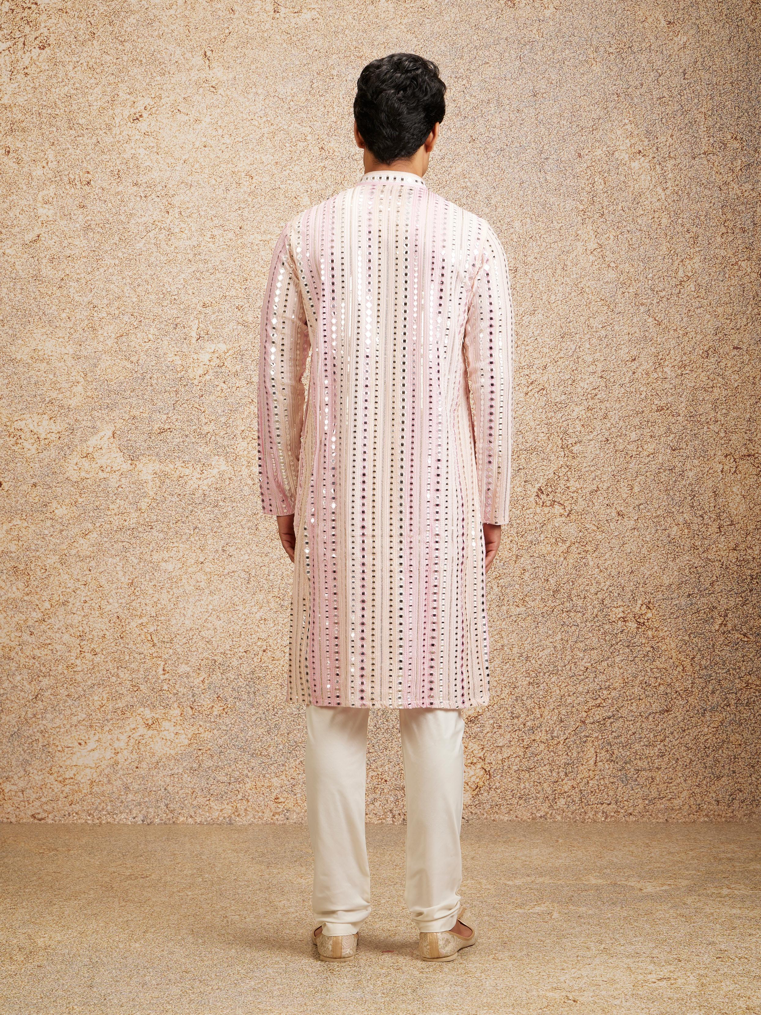 Twamev Men Twinkling Pink Georgette Kurta Pajama