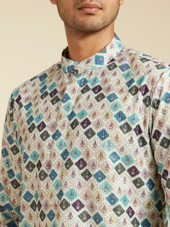 Diwas Men Aqua Green Harlequin Printed Kurta