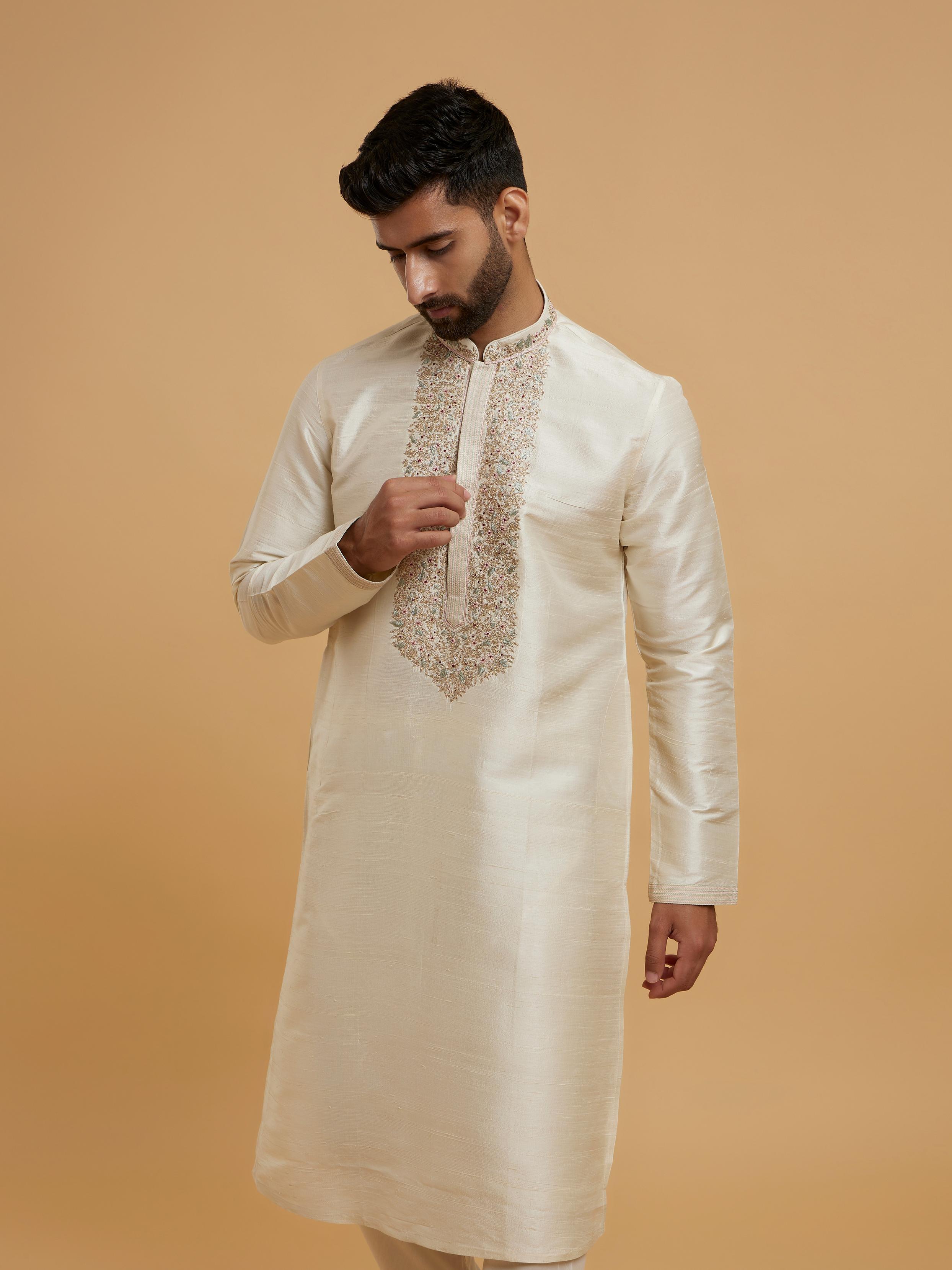 Twamev Men Beige Silk Elegance Kurta Pajama