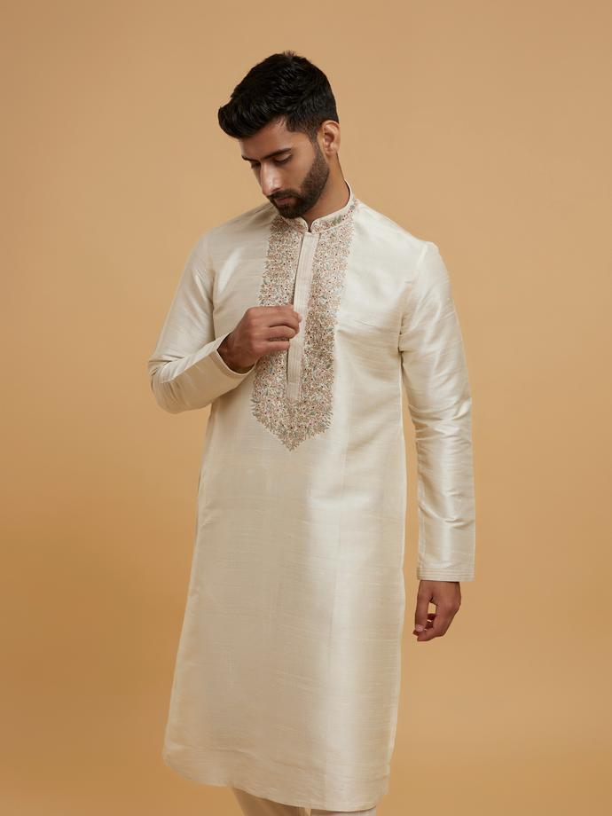 Twamev Men Beige Silk Elegance Kurta Pajama