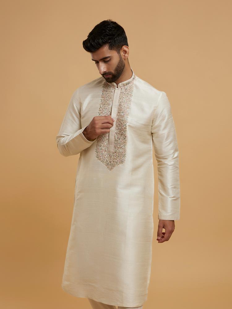 Twamev Men Beige Silk Elegance Kurta Pajama