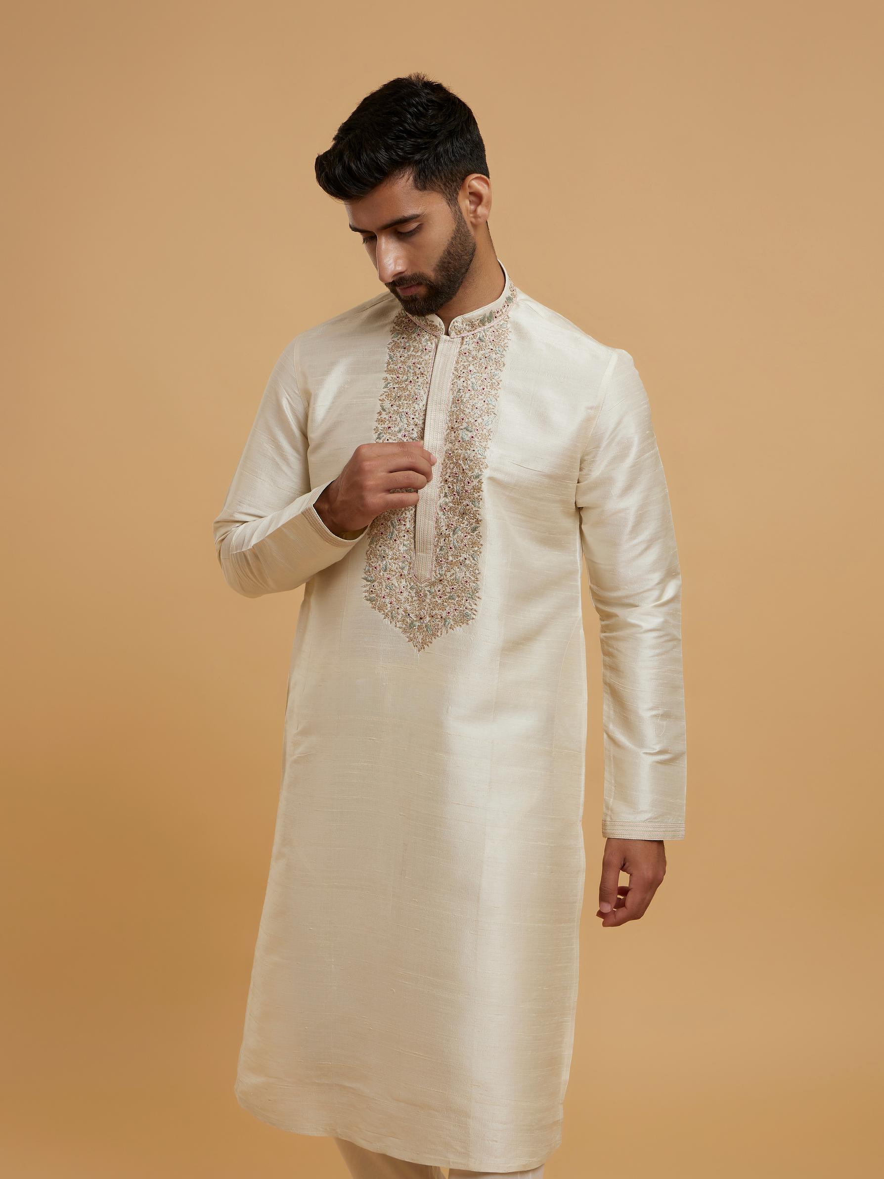 Twamev Men Beige Silk Elegance Kurta Pajama