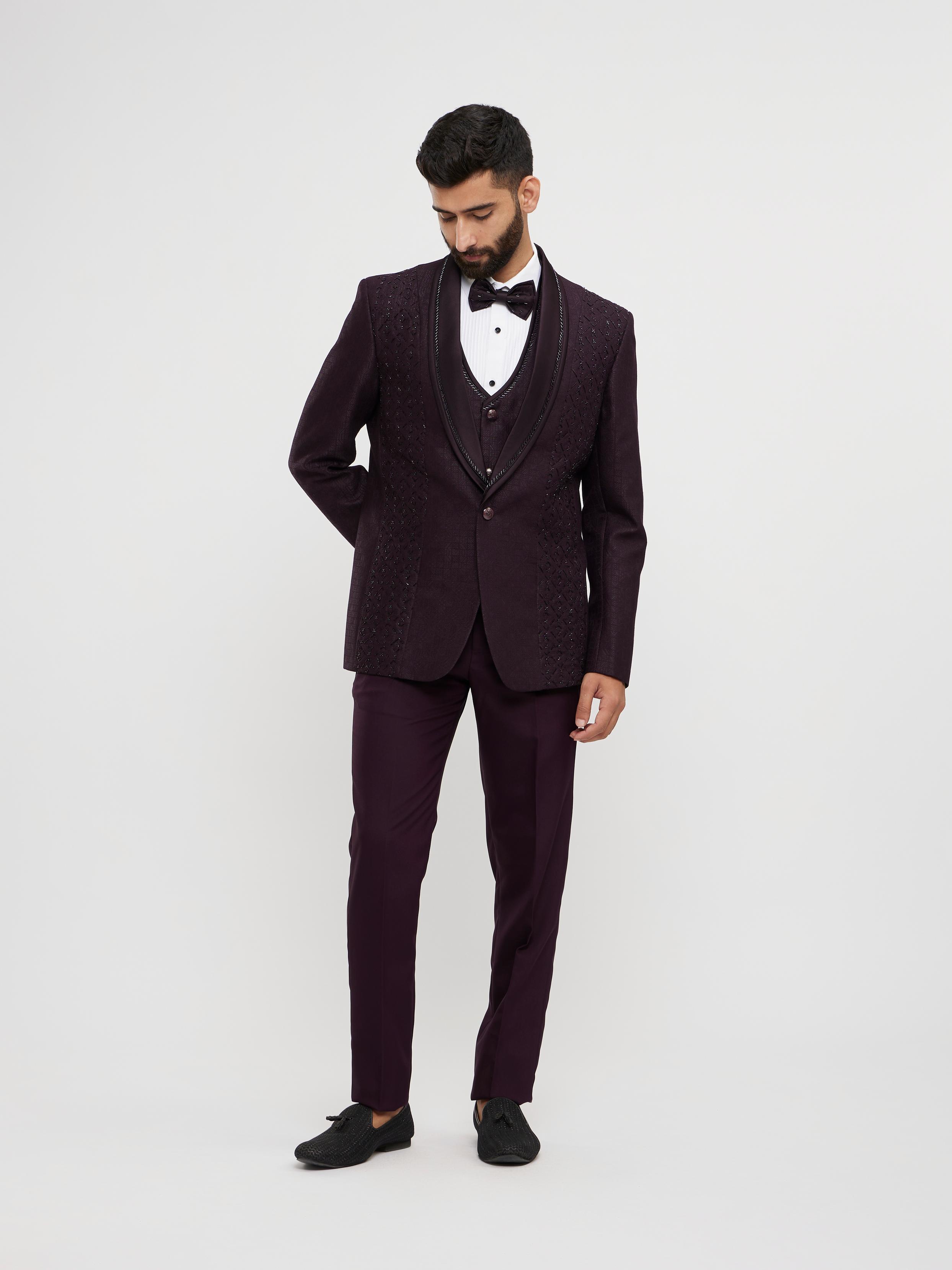 Twamev Men Royal Purple Jaal Patterned Suit Set with Sequin Work