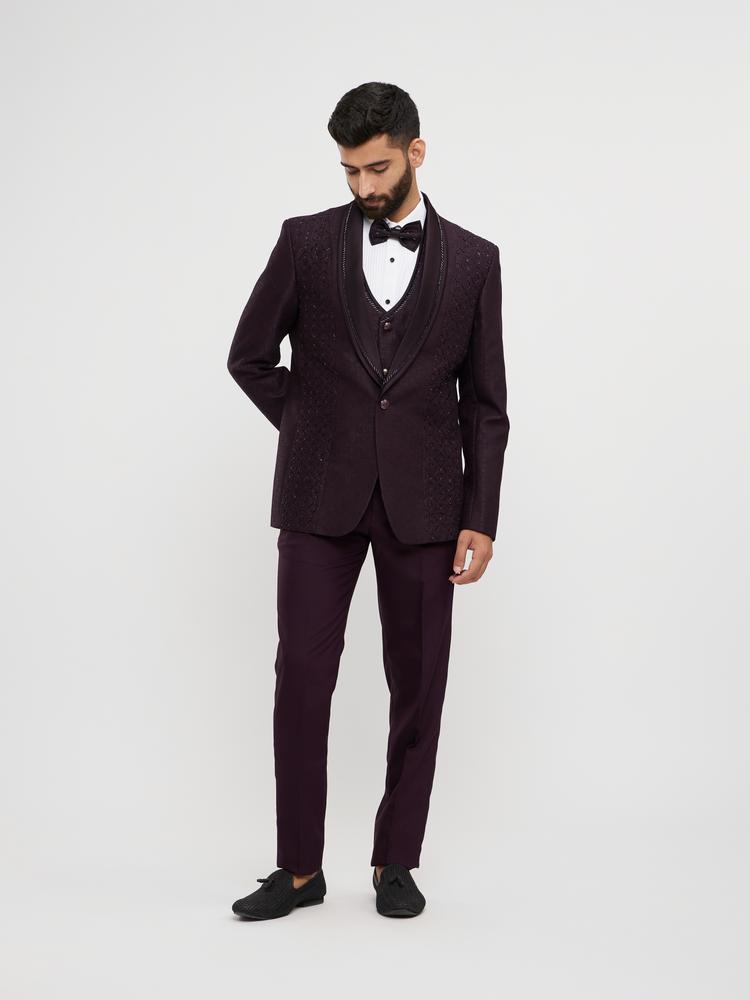Twamev Men Royal Purple Jaal Patterned Suit Set with Sequin Work