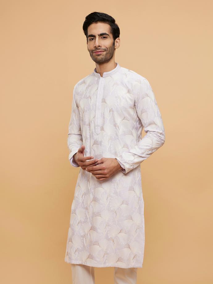 Twamev Men Soft Lilac Leaf Printed Kurta Set