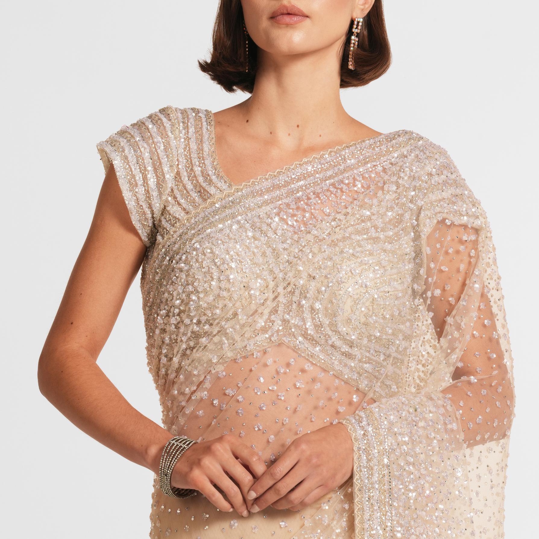 Twamev Women Cream Radiance Net Saree