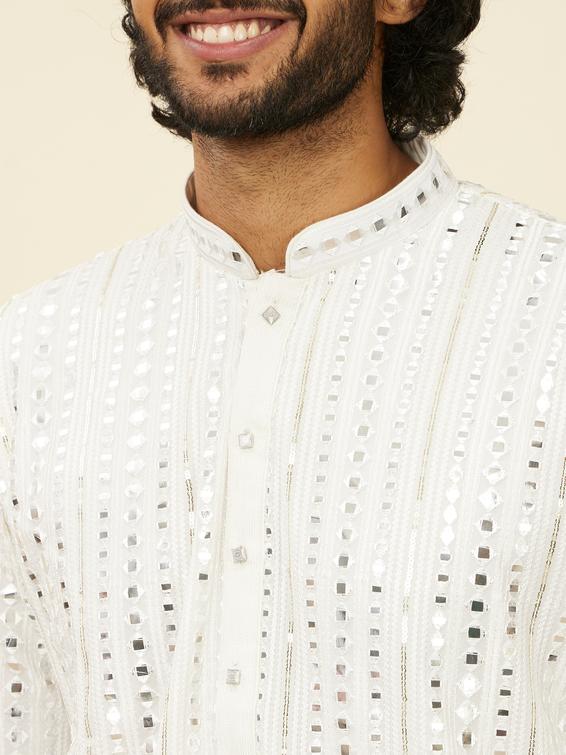 Twamev Men Warm White Kurta Set with Mirror Work