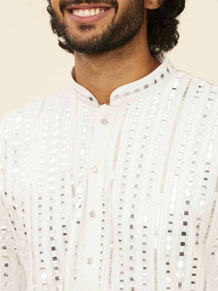 Twamev Men Warm White Kurta Set with Mirror Work