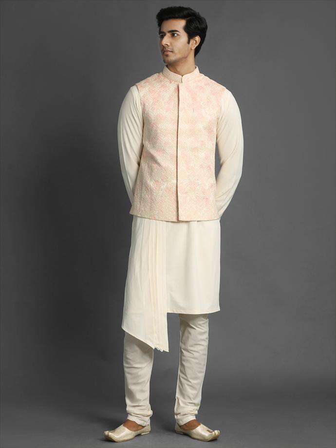 Twamev Men Classic Cream and Rani Combination Kurta Jacket Set