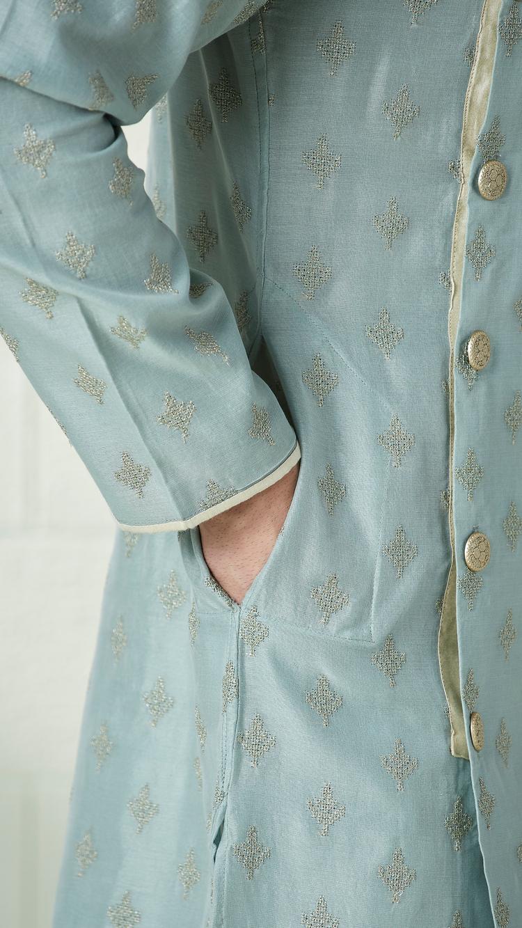 Twamev Men Light Teal Angrakha Style Kurta Set