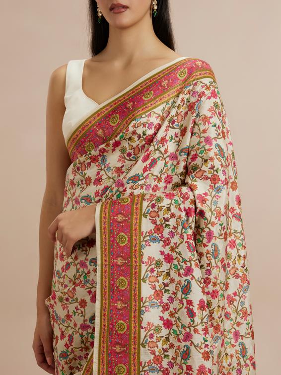 Twamev Women Enchanting Cream Saree with Unstitched Blouse