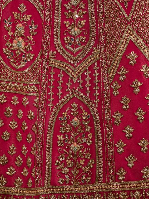 Twamev Women Rani Pink Zari Embroidered Lehenga with Floral And Buta Motifs And Pillow Trim Latkans
