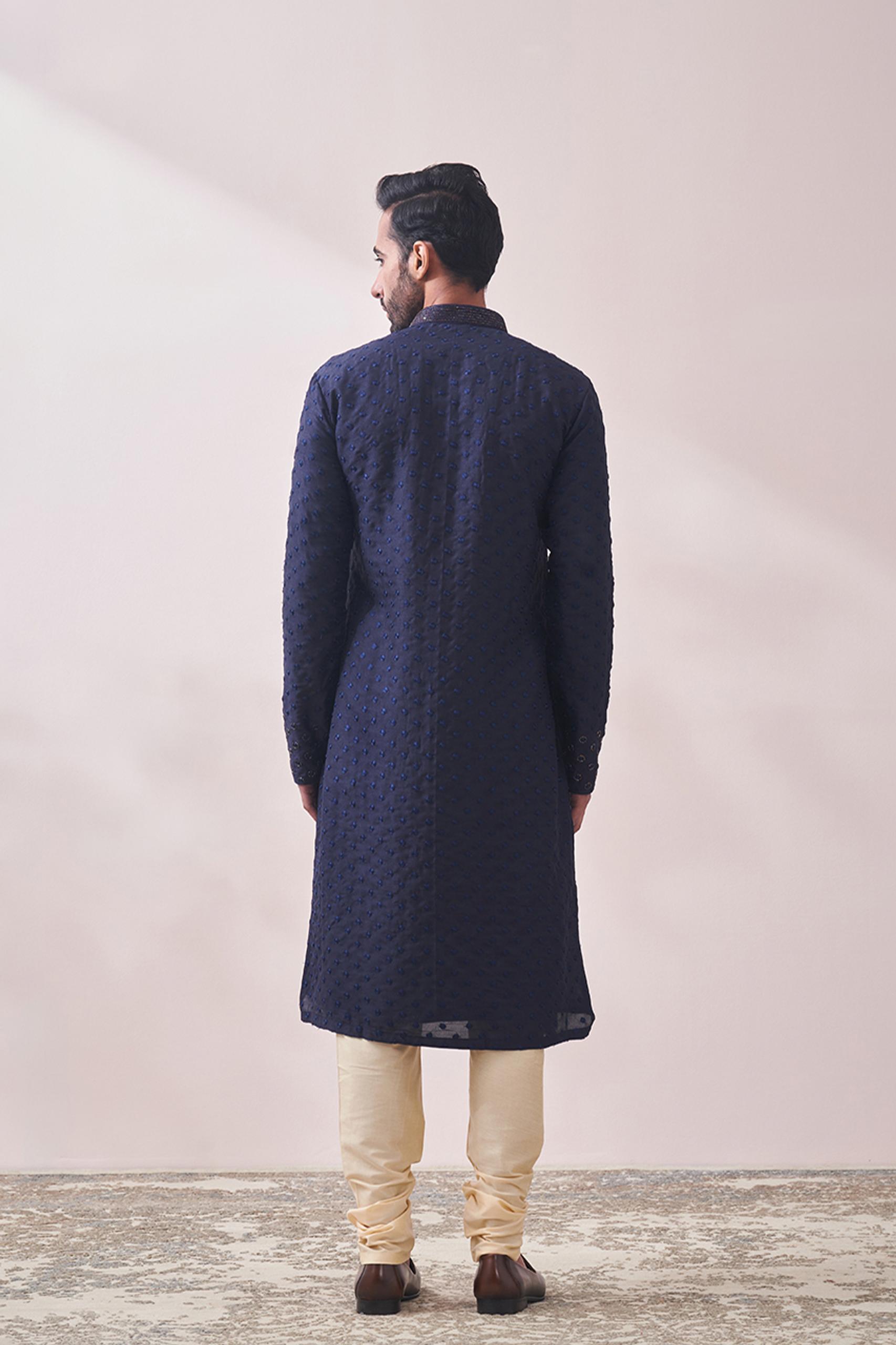 Twamev Men Navy Blue Self Design Kurta Set