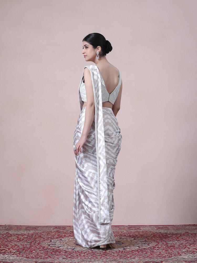 Twamev Women Beige White Satin Saree Splendor