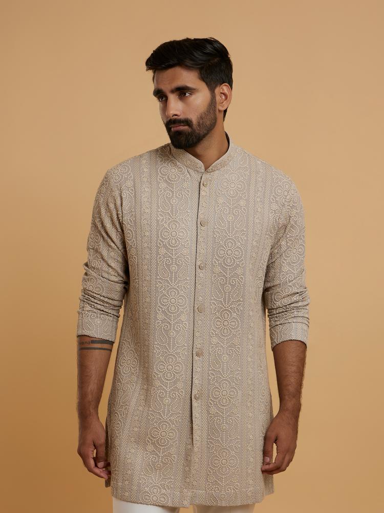 Twamev Men Beige Extravaganza Georgette Kurta Pajama