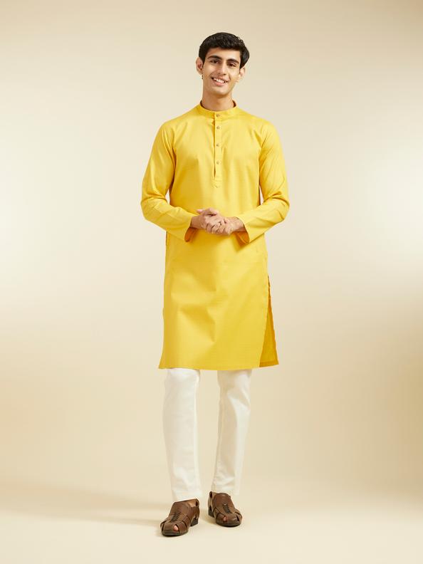 Diwas Men Mustard Yellow Honeycomb Patterned Kurta