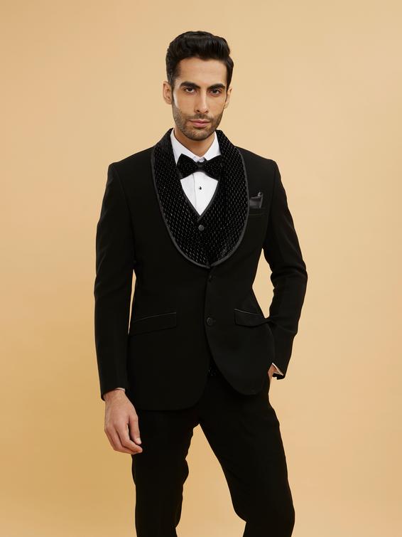 Twamev Men Midnight Blue Embellished Tuxedo Suit Set