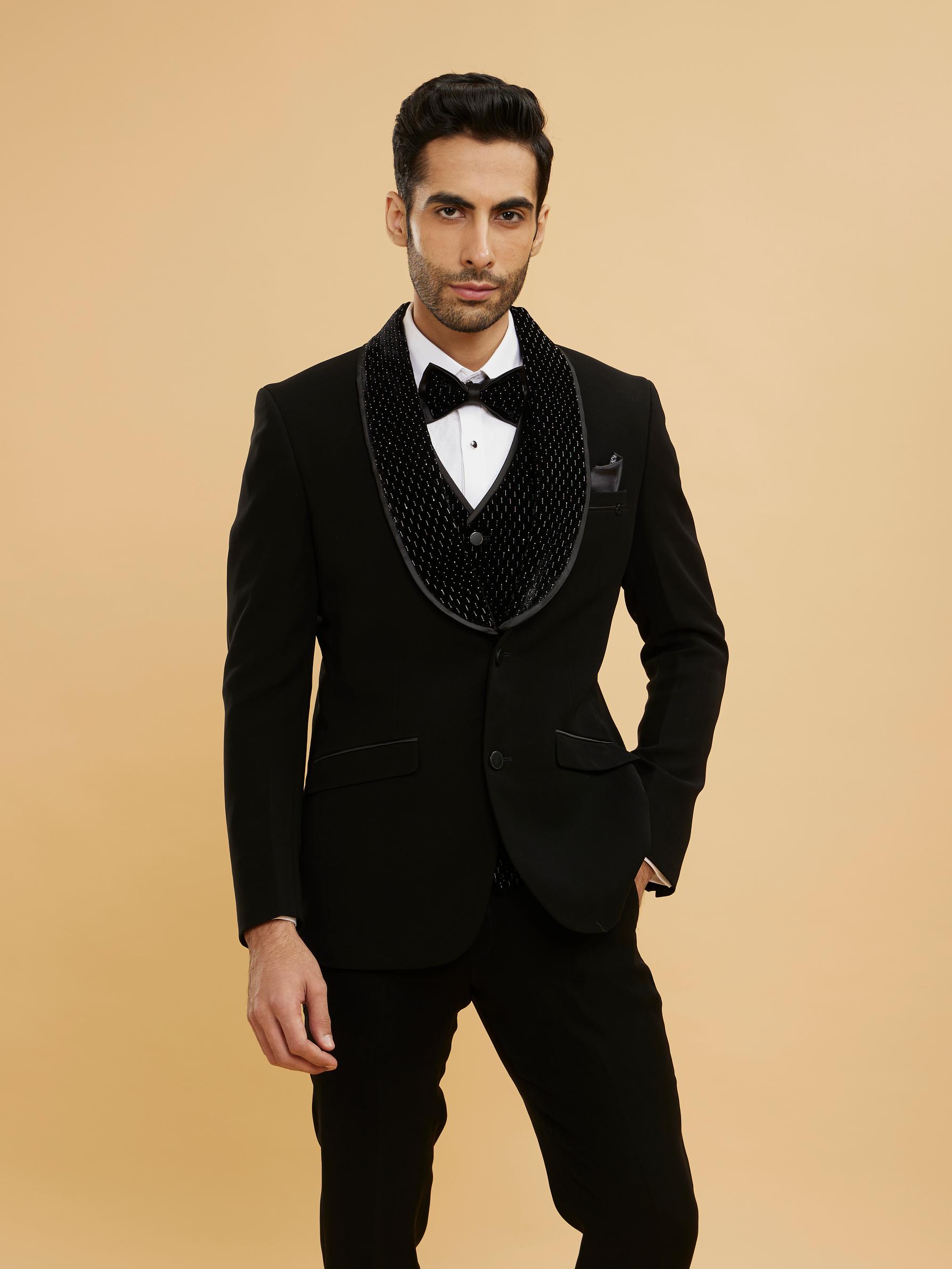 Twamev Men Midnight Blue Embellished Tuxedo Suit Set