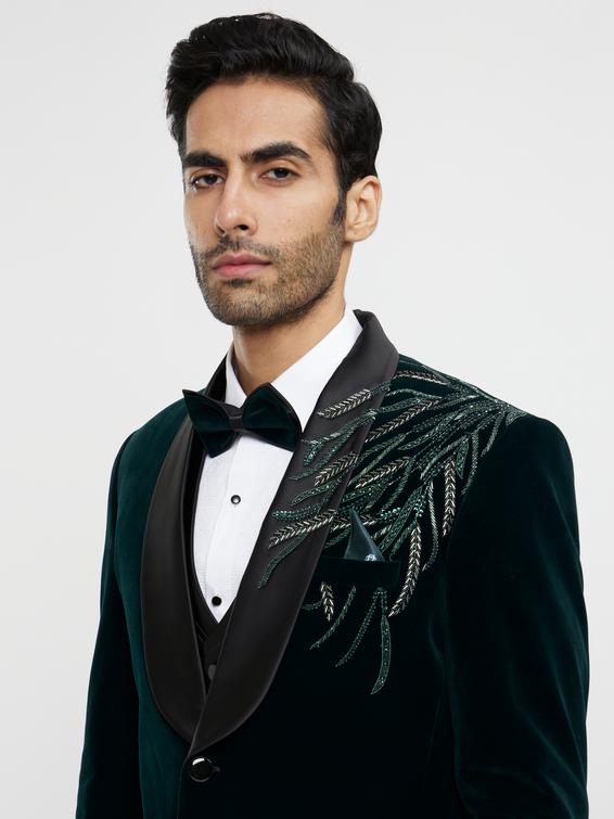 Twamev Men Elegant Dark Green Velvet Suit Set