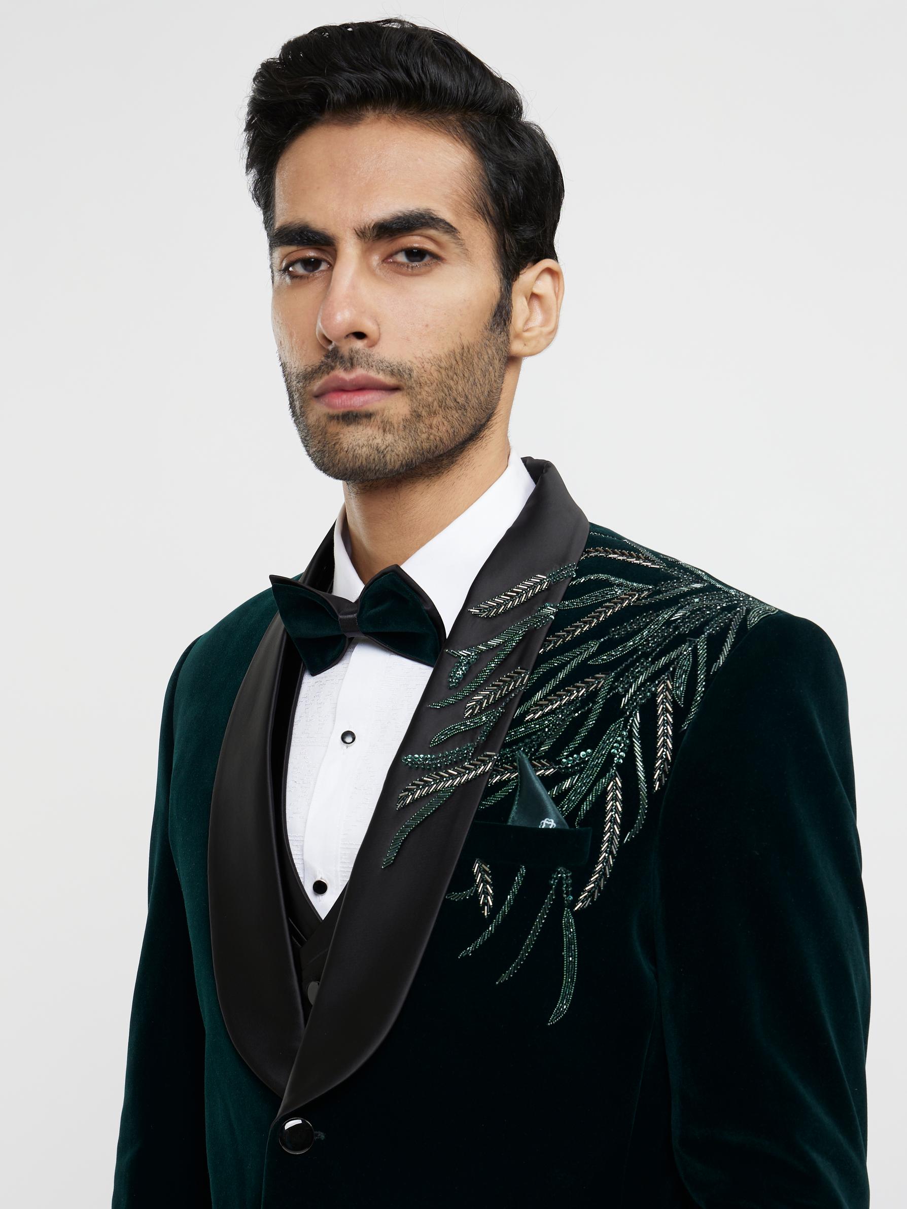 Twamev Men Elegant Dark Green Velvet Suit Set