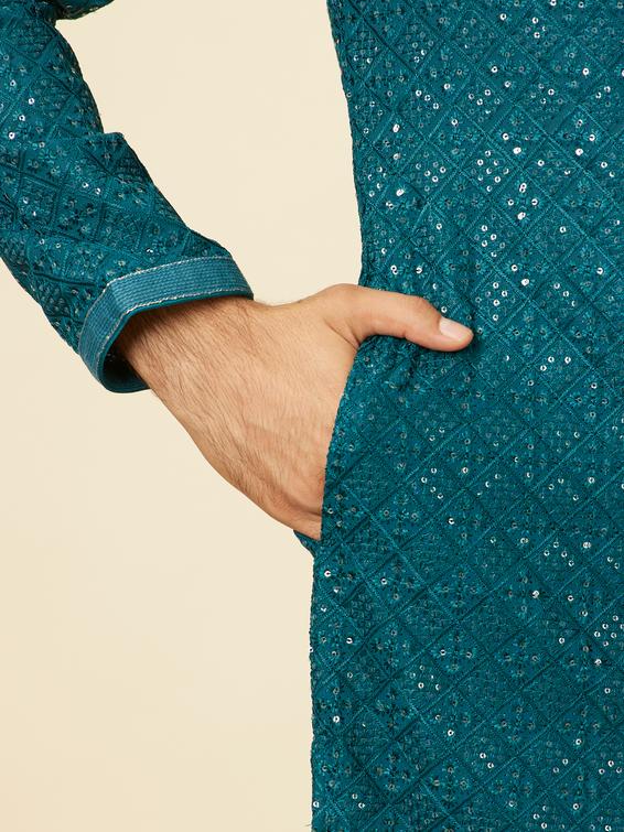 Twamev Men Teal Blue Chikankari Kurta Set