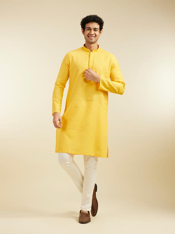 Diwas Men Mustard Yellow Lattice Patterned Kurta with Embroidered Neckline